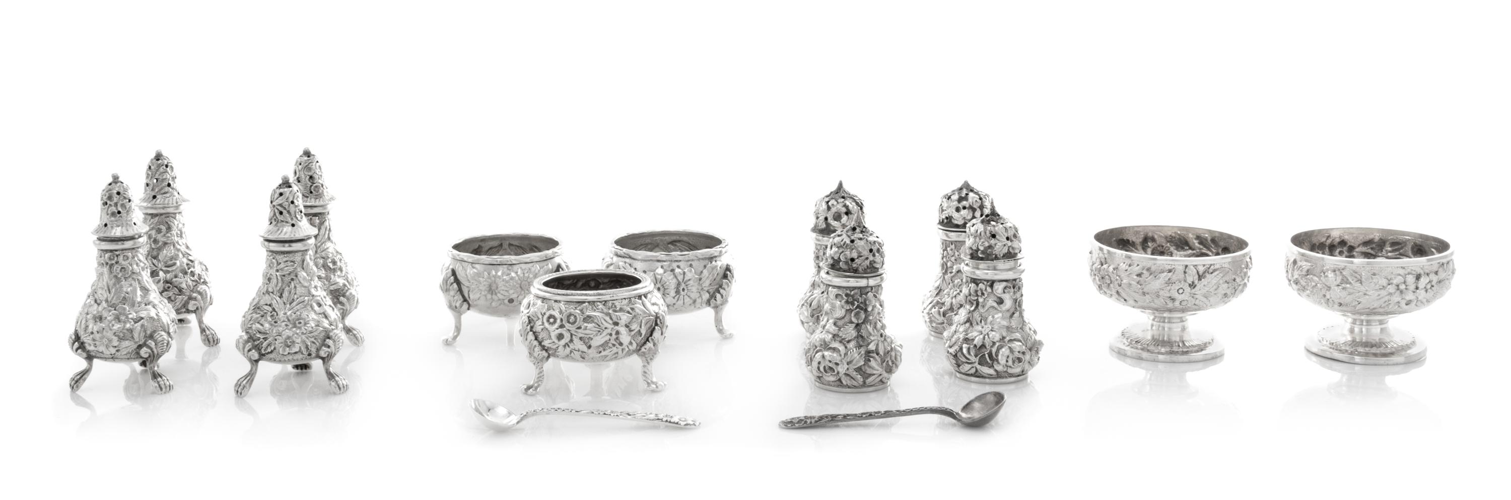 A Collection of American Silver Salts, S. Kirk & Son, Baltimore, MD and others, each worked with repousse floral and foliate decoration