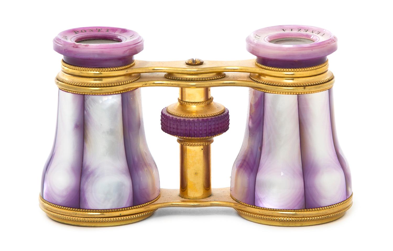 A Pair of Italian Mother-of-Pearl Veneered Opera Glasses, Carlo Ponti, Width 4 1/8 inches.