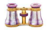 A Pair of Italian Mother-of-Pearl Veneered Opera Glasses, Carlo Ponti, Width 4 1/8 inches.