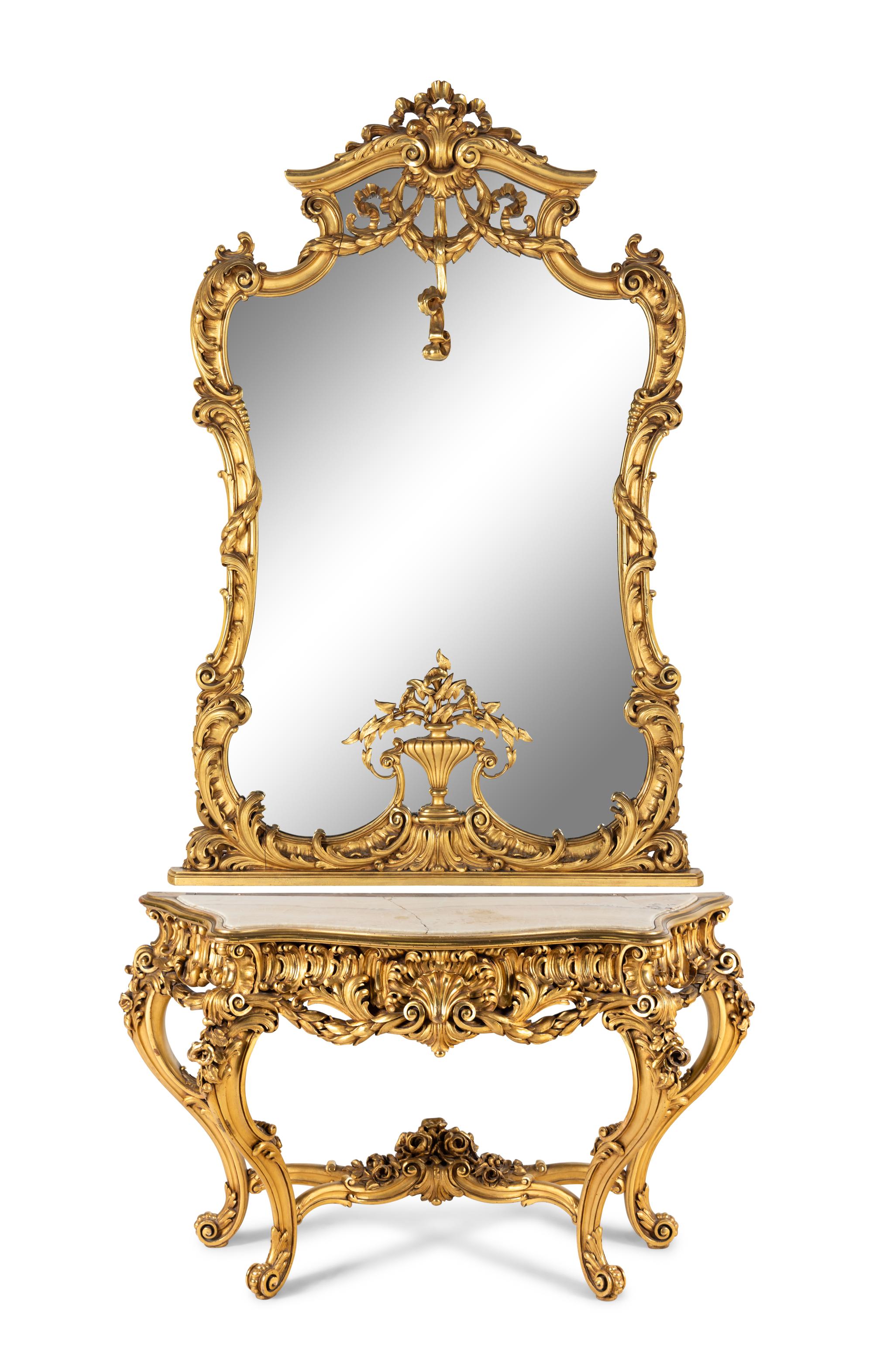 A Rococo Style Giltwood Onyx-Top Pier Table and Mirror