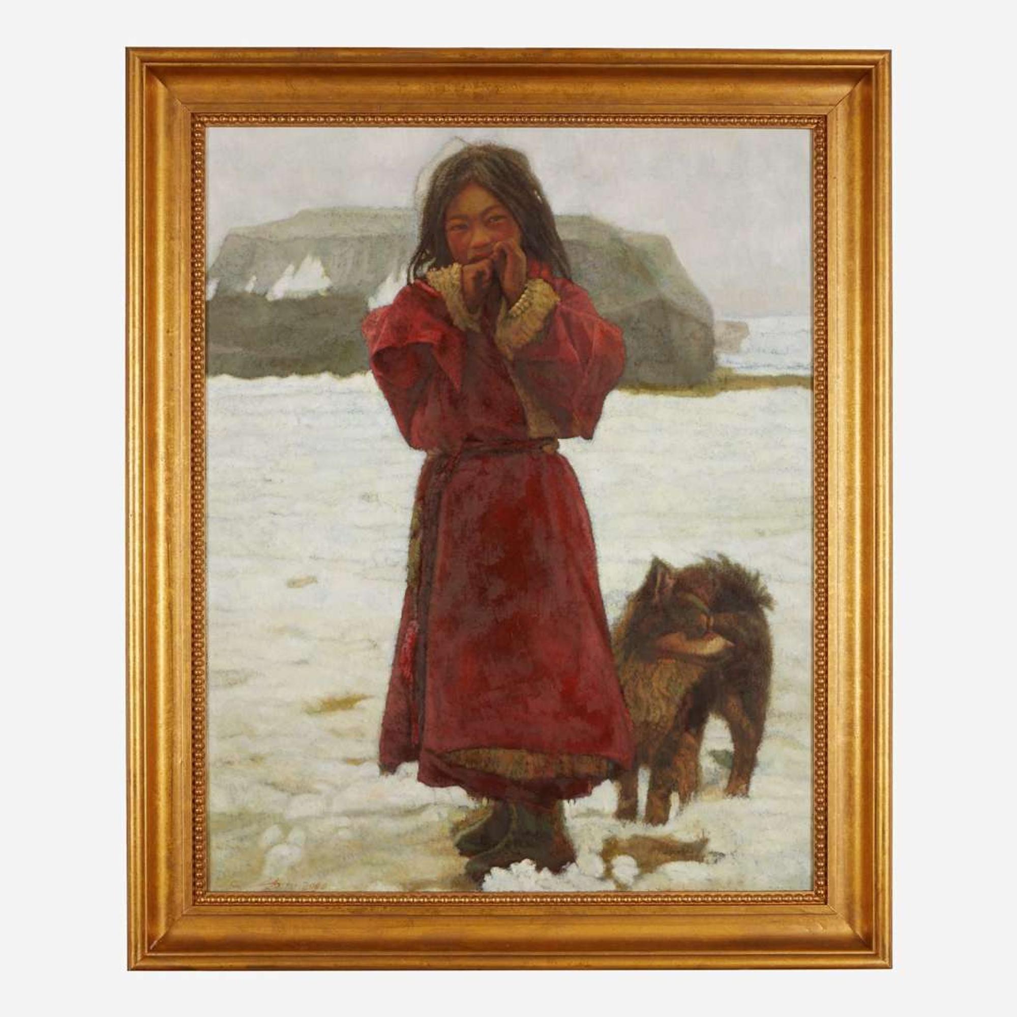 Zhang Xiexiong (Chinese b.1977-) 张谢雄 Tibetan Girl with Dog ?????????? 2000