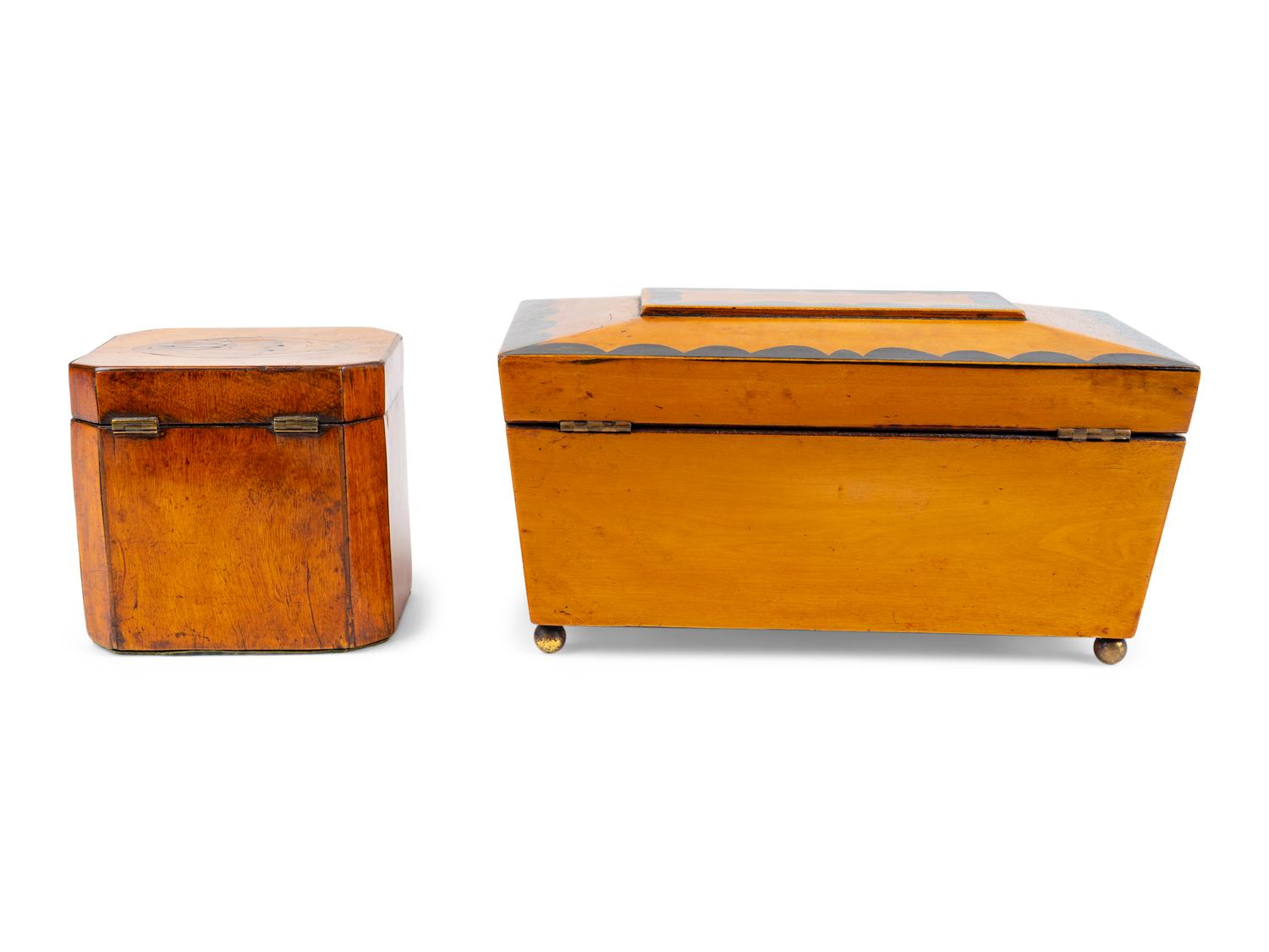 Two English Walnut Marquetry Tea Caddies — CIRCA 1825