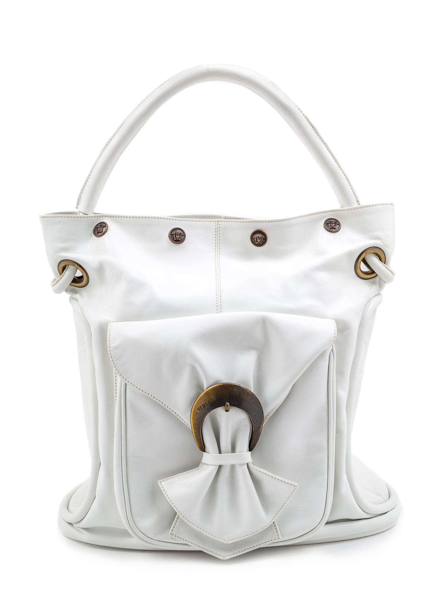 A Versace White Leather Bucket Bag, 13" H x 13" W x 5" D; Handle drop: 6.5".