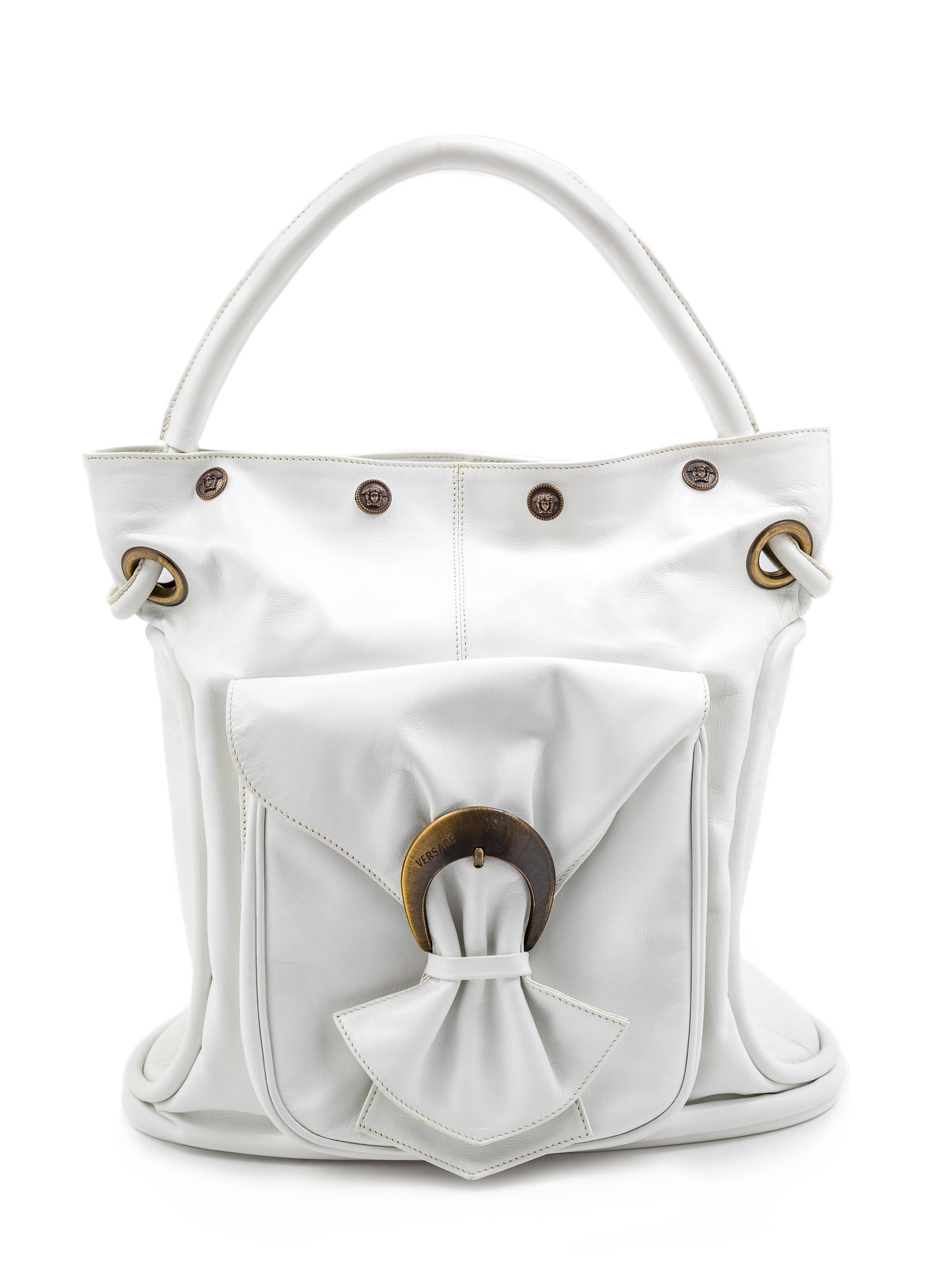 A Versace White Leather Bucket Bag, 13" H x 13" W x 5" D; Handle drop: 6.5".