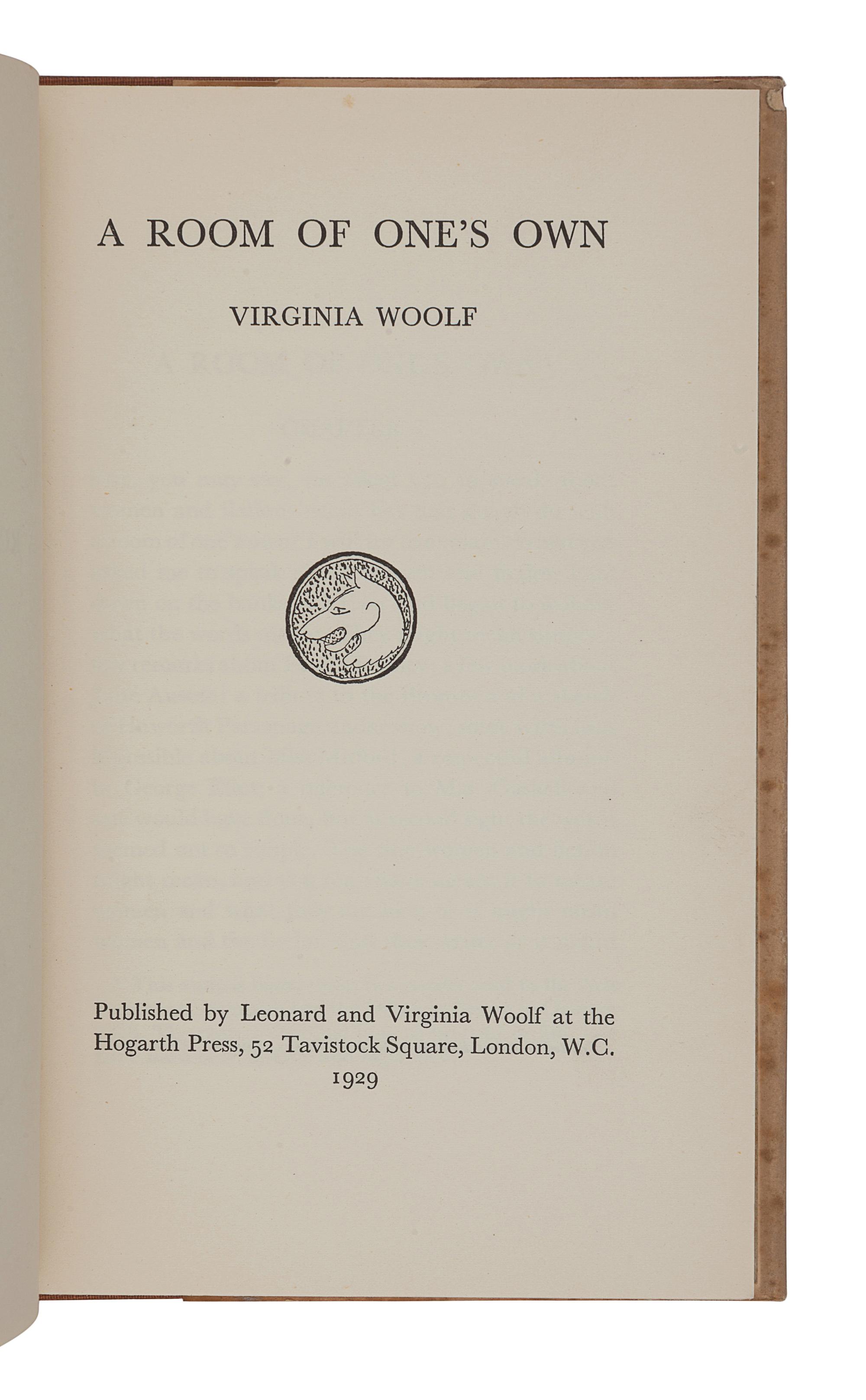 WOOLF, Virginia (1882-1941). A Room of One's Own . London: Leonard and Virginia Woolf at the Hogarth Press, 1929.