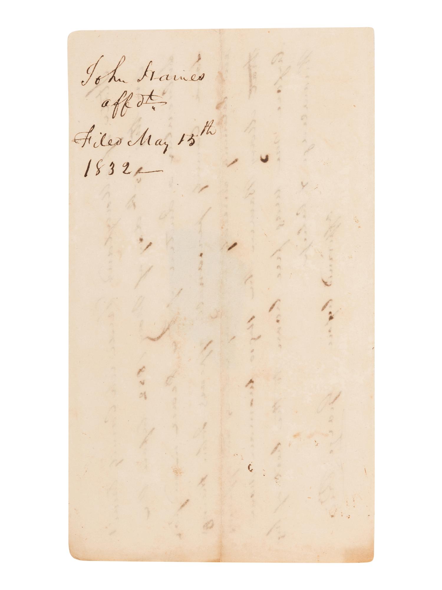 [SLAVERY AND ABOLITION]. Manuscript document, an affidavit of free birth, signed by Justice of the Peace George Rice. Frederick County, Maryland, 15 May 1832.
