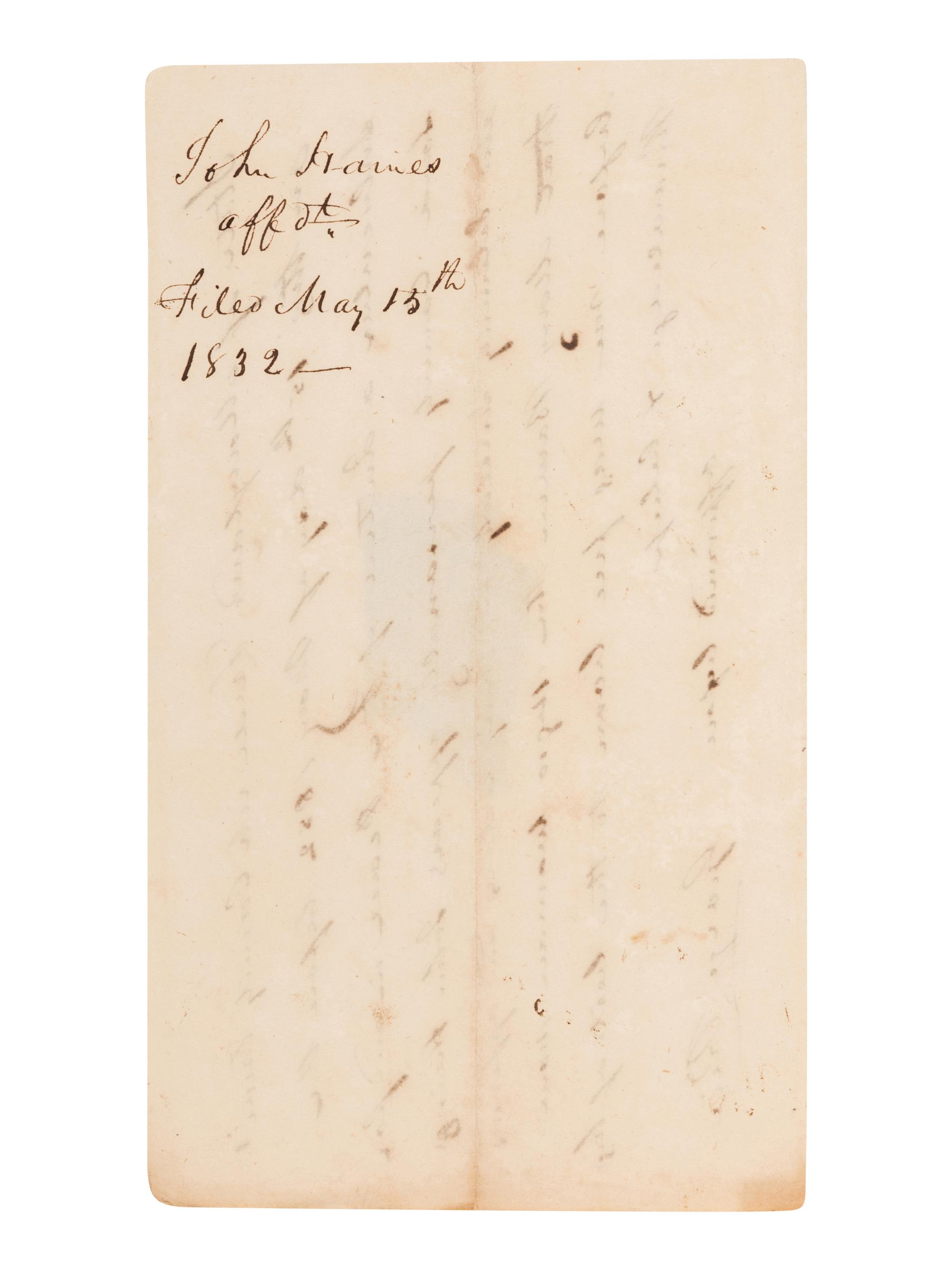 [SLAVERY AND ABOLITION]. Manuscript document, an affidavit of free birth, signed by Justice of the Peace George Rice. Frederick County, Maryland, 15 May 1832.
