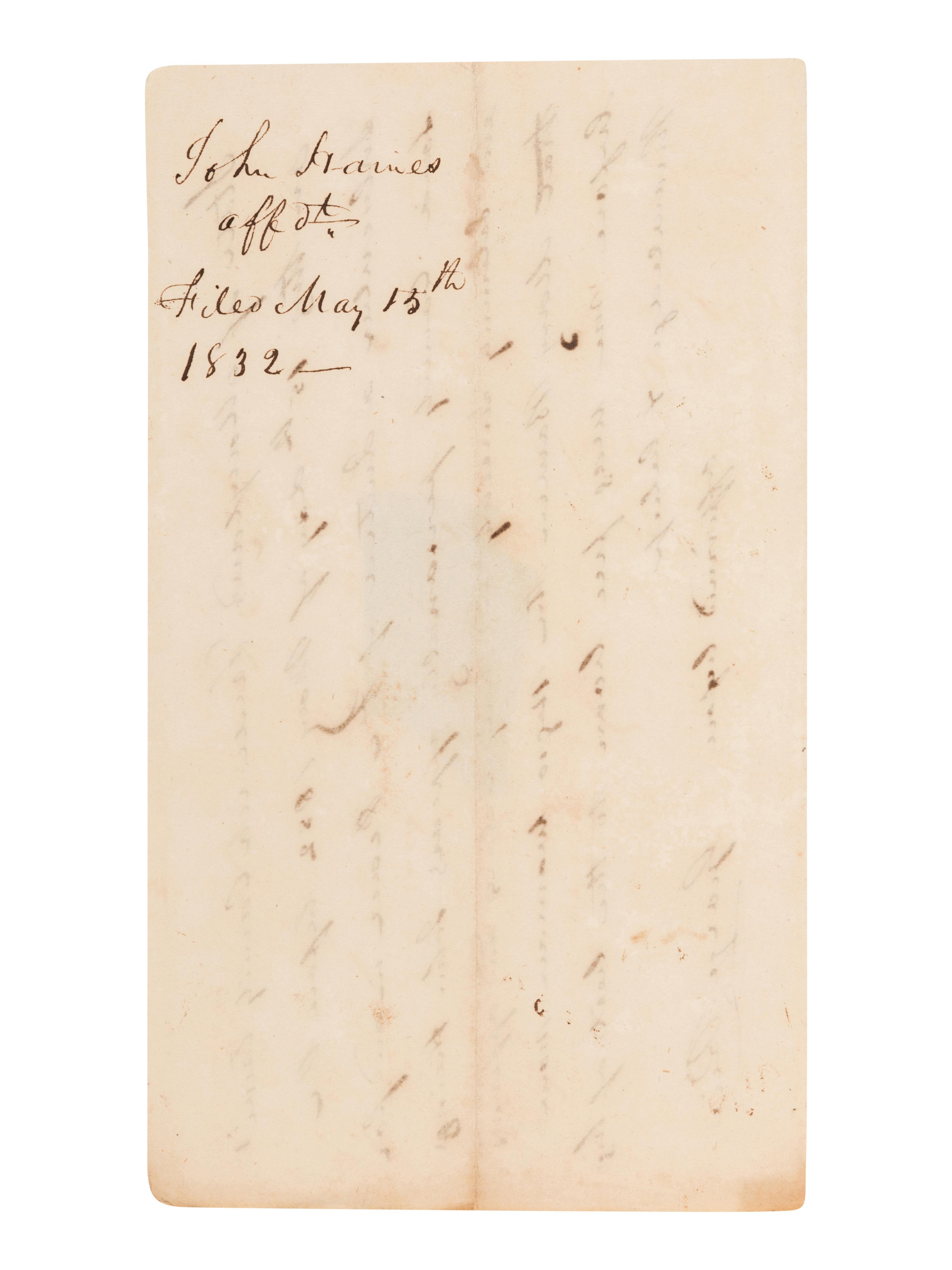 [SLAVERY AND ABOLITION]. Manuscript document, an affidavit of free birth, signed by Justice of the Peace George Rice. Frederick County, Maryland, 15 May 1832.
