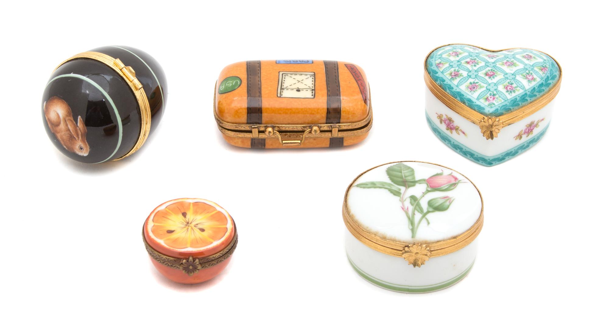 A Collection of Five French Painted Porcelain Boxes Length of largest 2 1/2 inches. — 20TH CENTURY