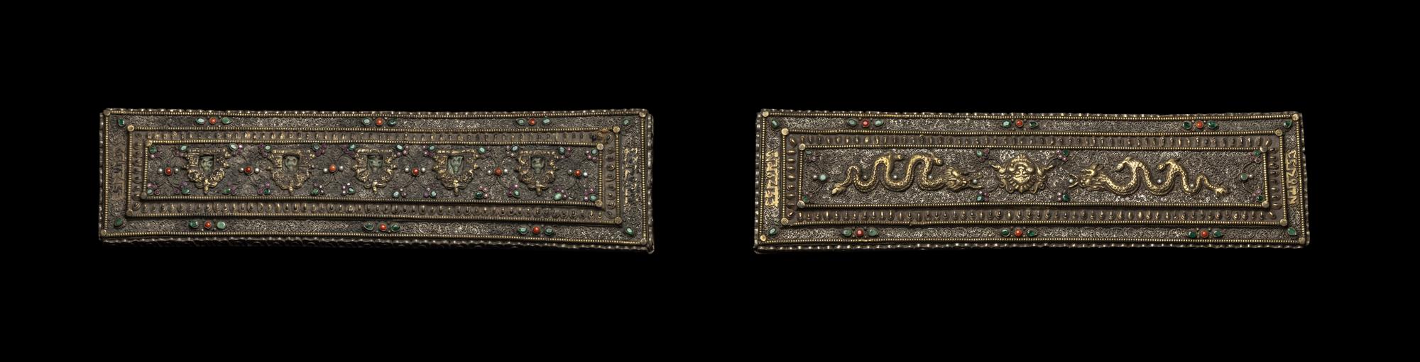 A Pair of Hardstone Inset Metal Sutra and Covers