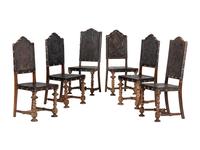 Six Mizner Carved Walnut and Embossed Leather Back Side Chairs