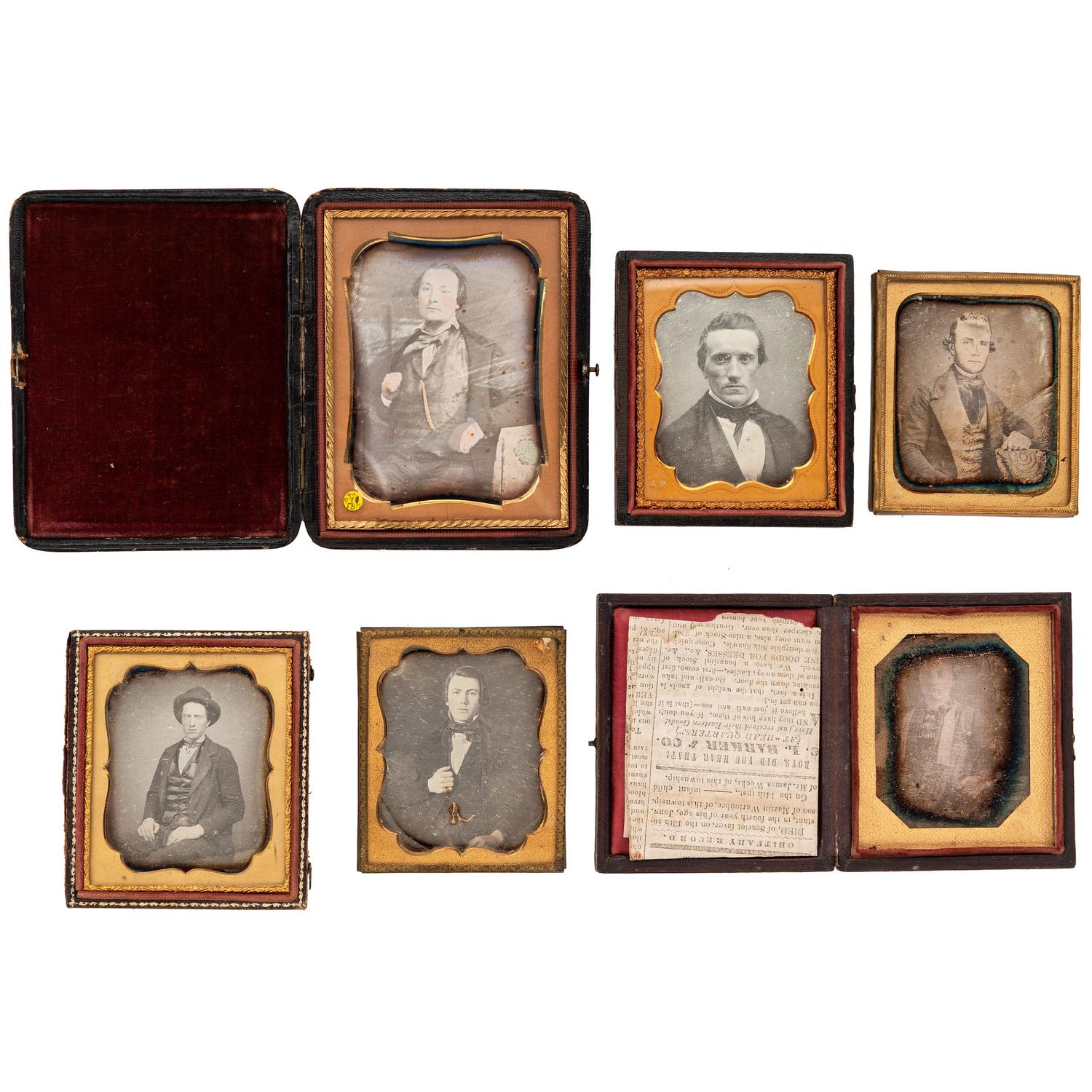 [EARLY PHOTOGRAPHY - PORTRAITURE]. A group of 14 daguerreotype portraits of men with interesting accessories or garments, including: