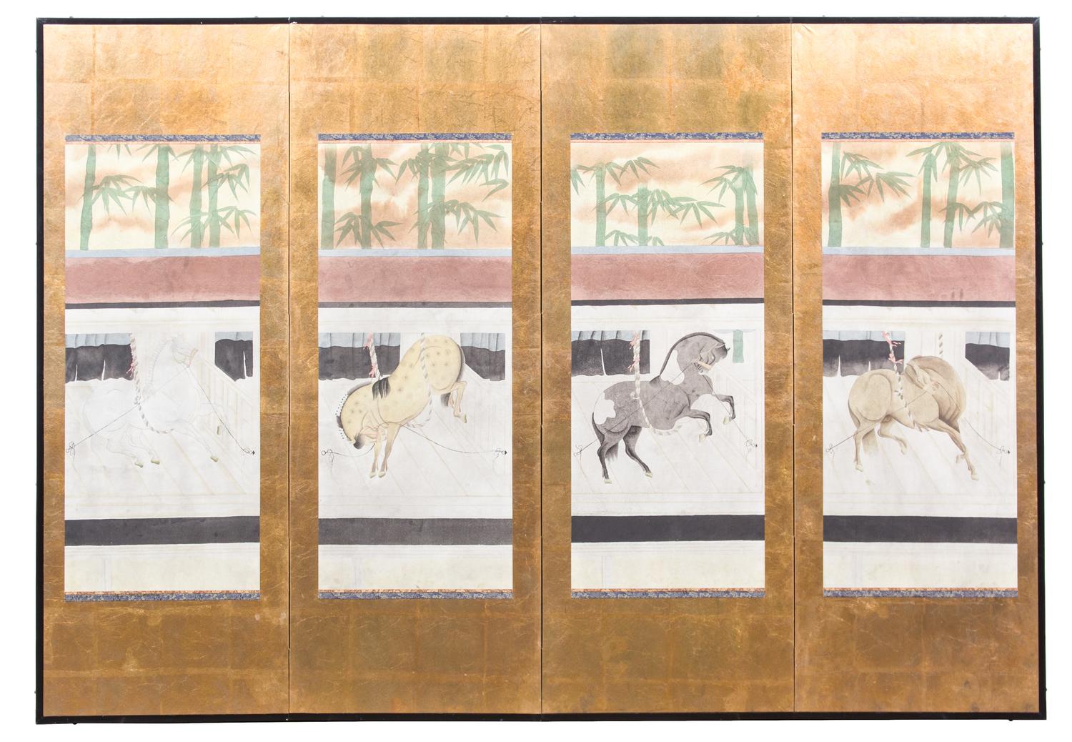 A Japanese Four Panel Floor Screen Height of each panel 55 x width 19 1/2 inches. — 19TH CENTURY
