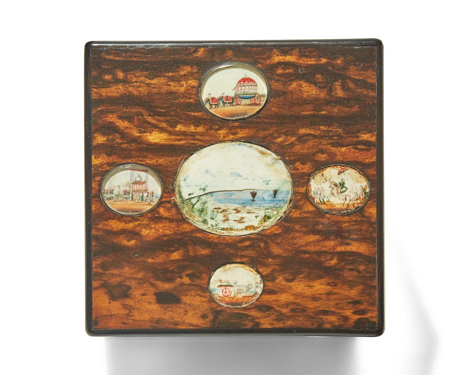An Anglo-Indian rosewood bottle box inset with hand-painted plaques, 19th century