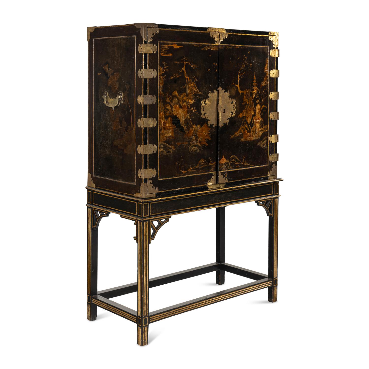A Japanese Lacquer and Brass-Mounted Cabinet on Stand