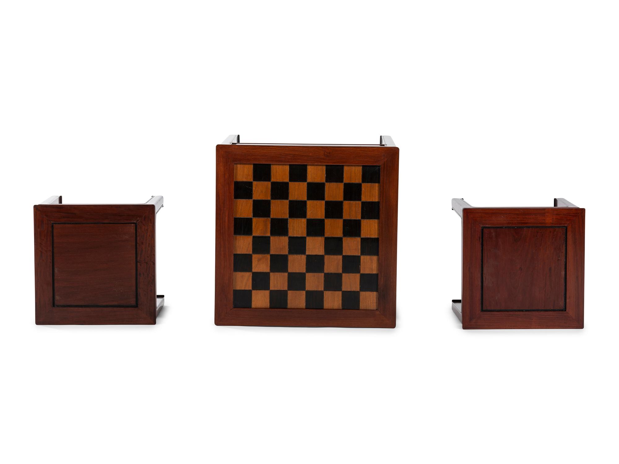 A Chinese Hardwood Inlaid Chess Table with Pair of Stools