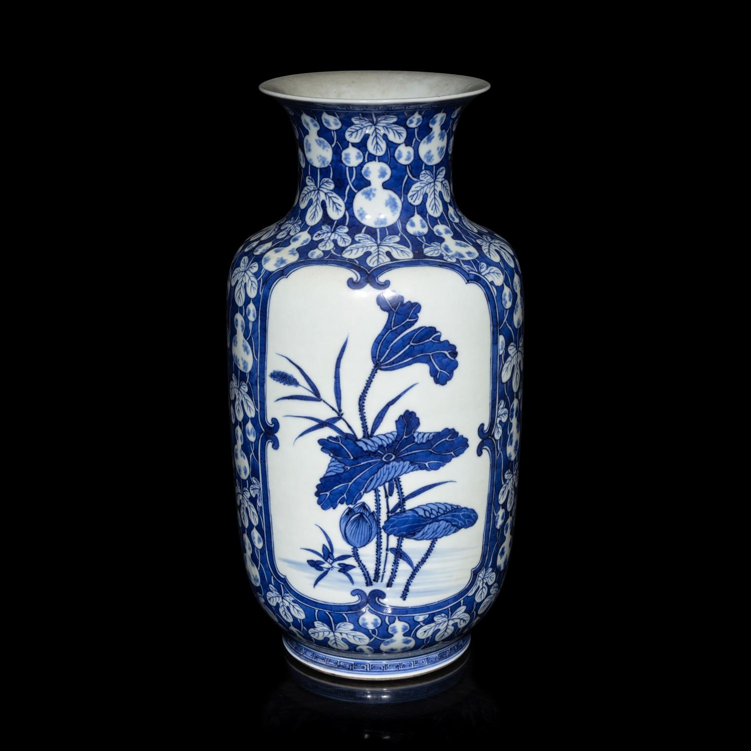 A Chinese Blue and White 'Gourds and Lotus' Vase, Qing Dynasty 清晚期 青花葫蘆紋地開光荷塘圖燈籠瓶