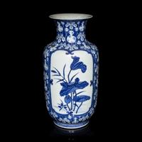 A Chinese Blue and White 'Gourds and Lotus' Vase, Qing Dynasty 清晚期 青花葫蘆紋地開光荷塘圖燈籠瓶