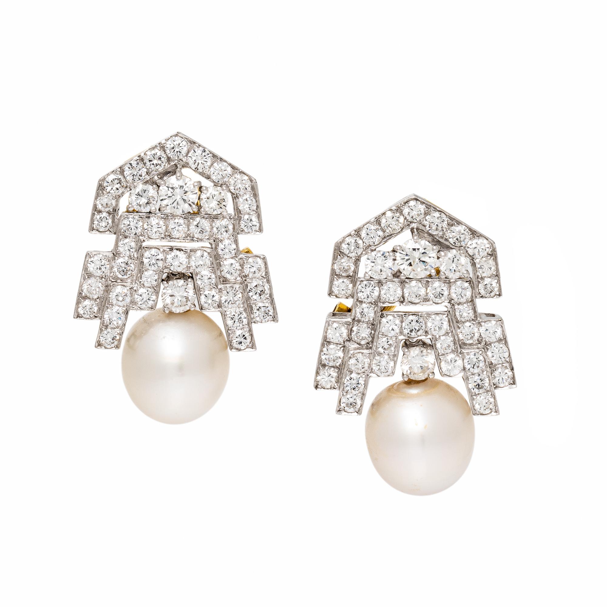 Cultured Pearl, Diamond, and White Gold Earrings