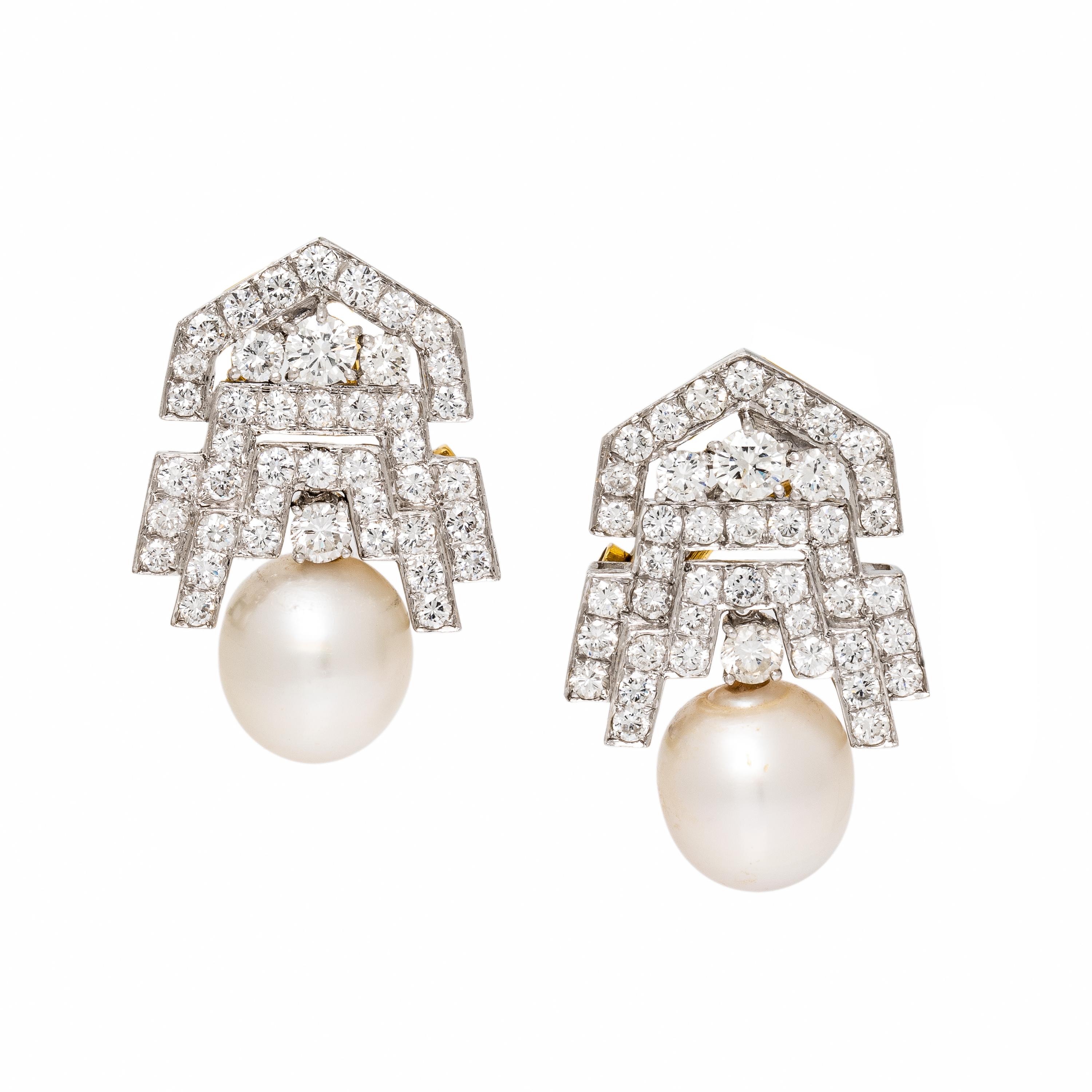 Cultured Pearl, Diamond, and White Gold Earrings
