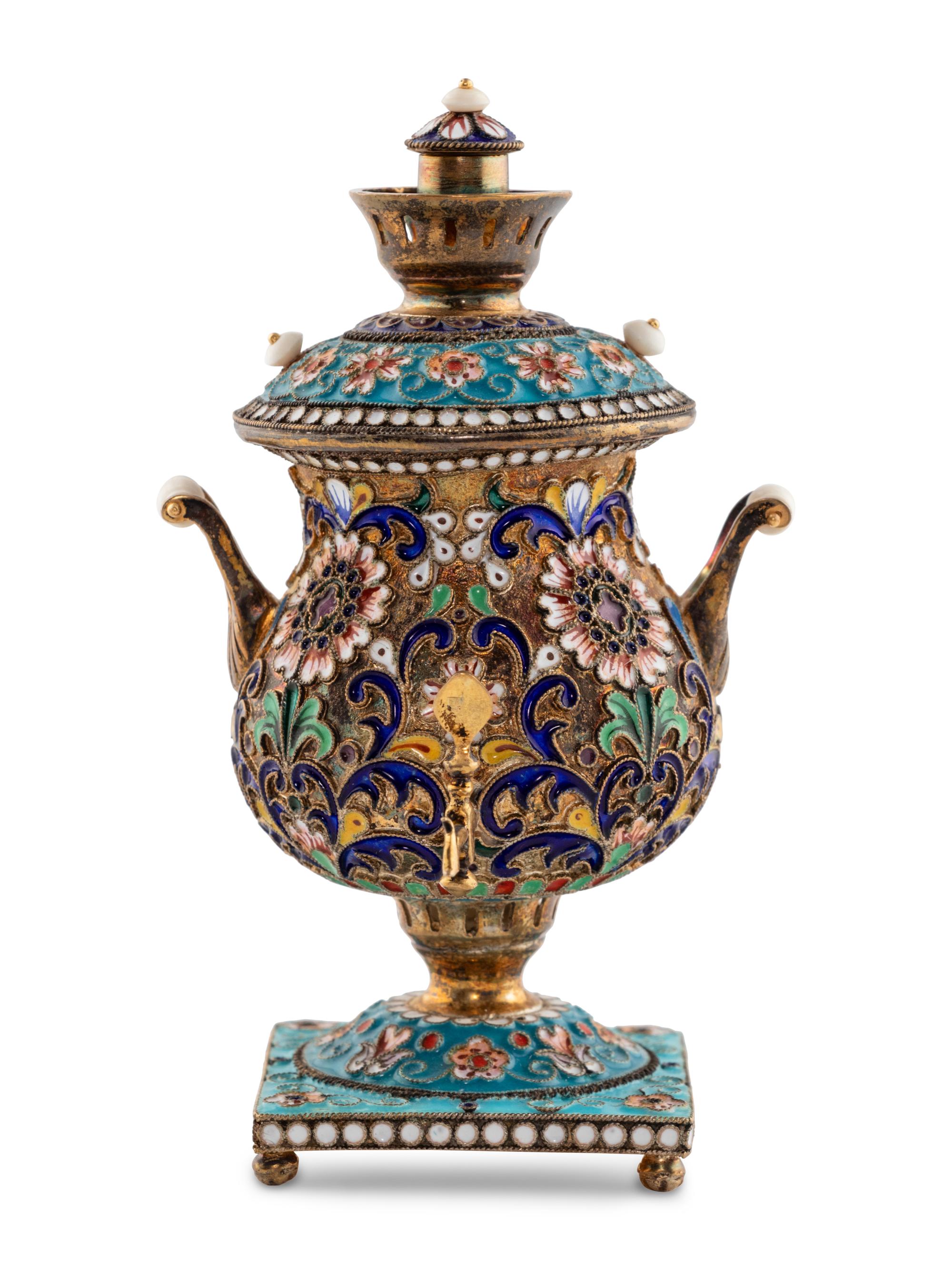 A Russian Enameled Silver Miniature Samovar