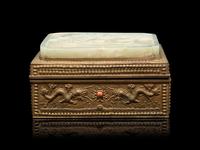A Celadon Jade Inset Brass Box