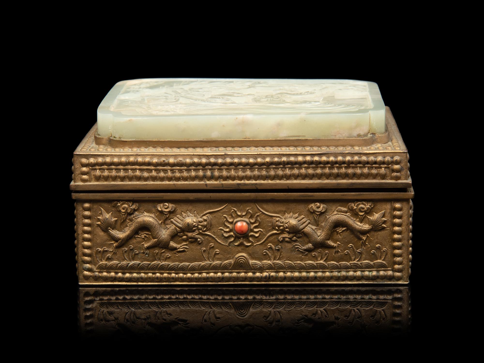 A Celadon Jade Inset Brass Box