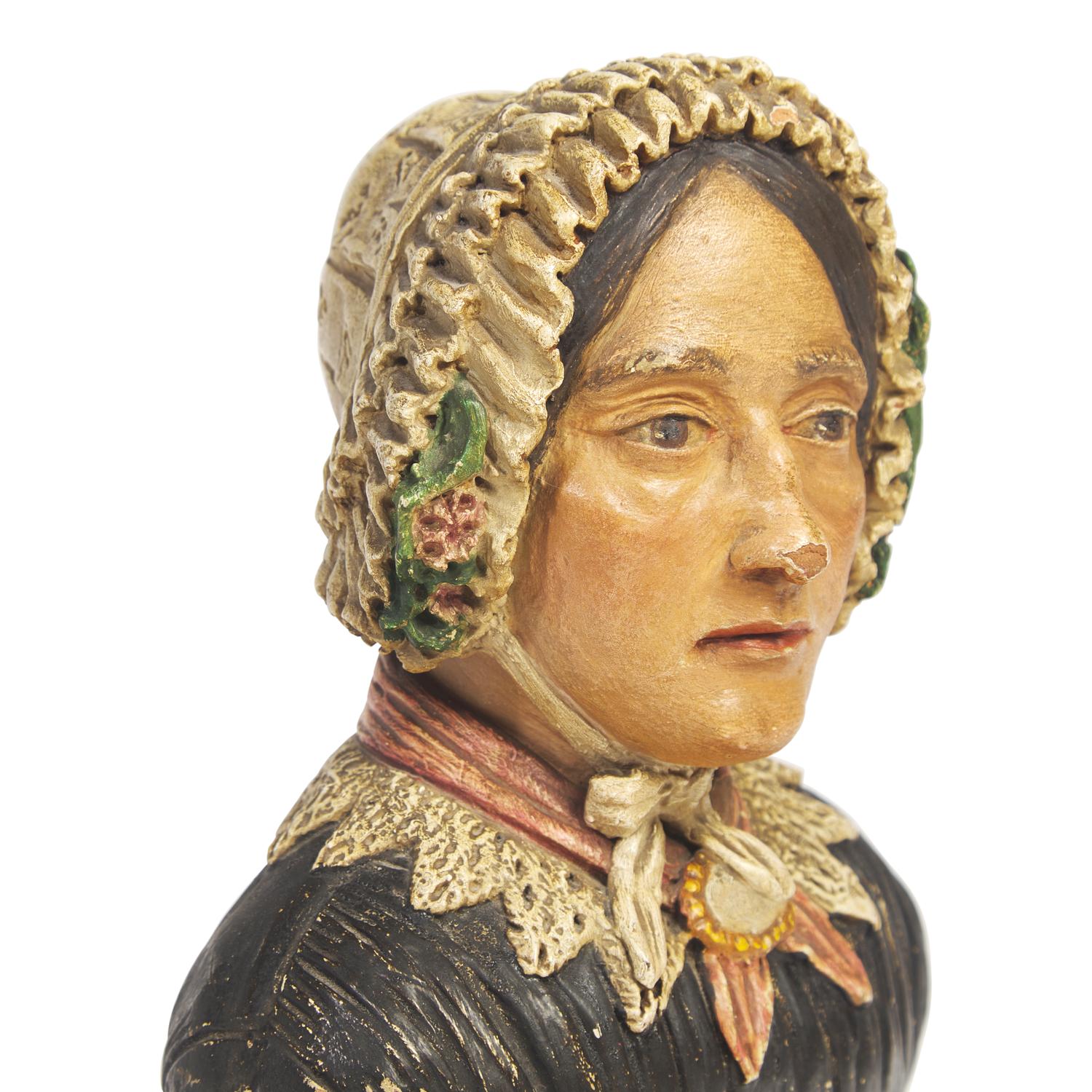 American School 19th Century, A Painted Terracotta Bust of a Lady in Bonnet