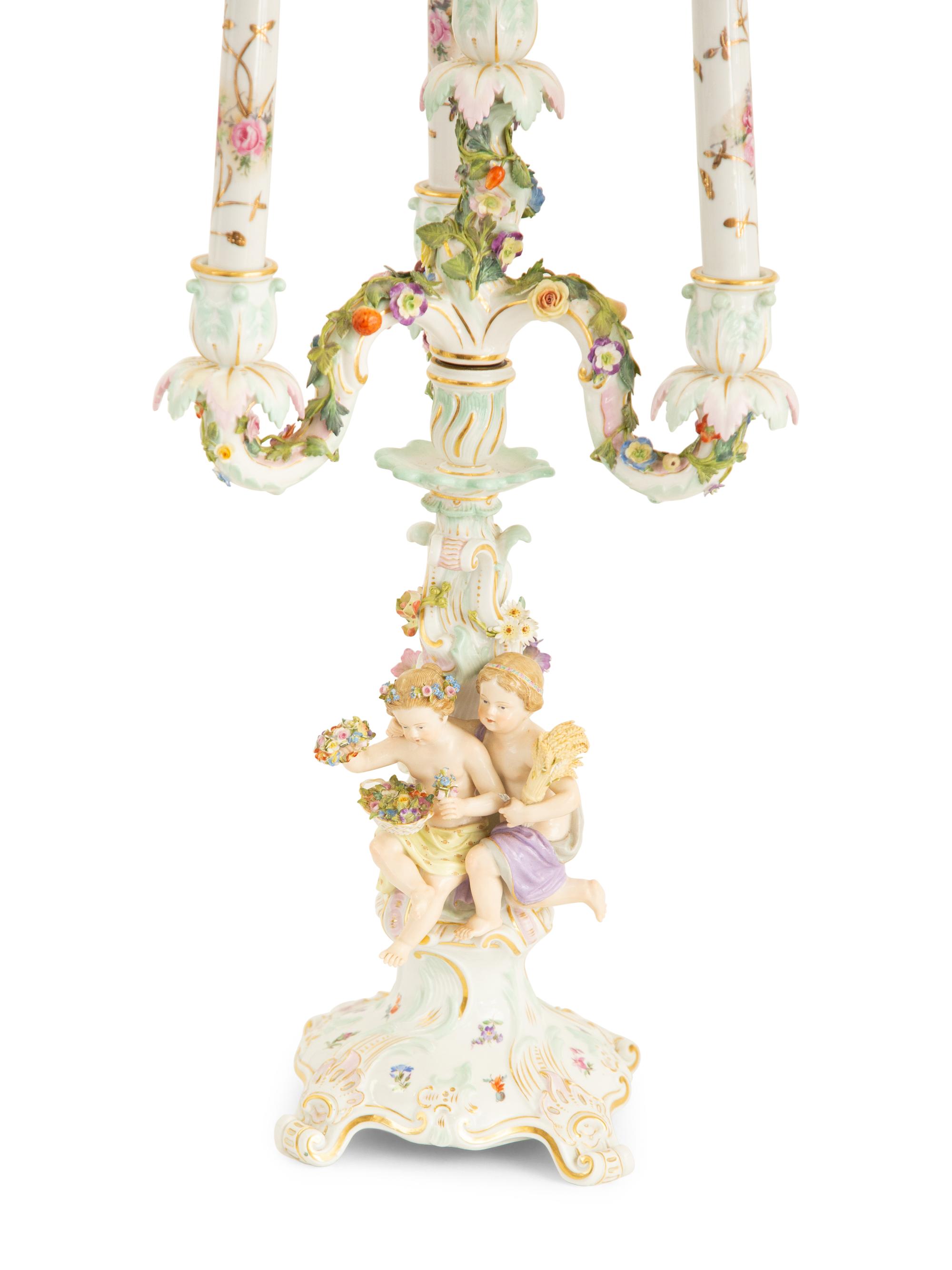 A Pair of Meissen Porcelain Figural Four Light Candelabra