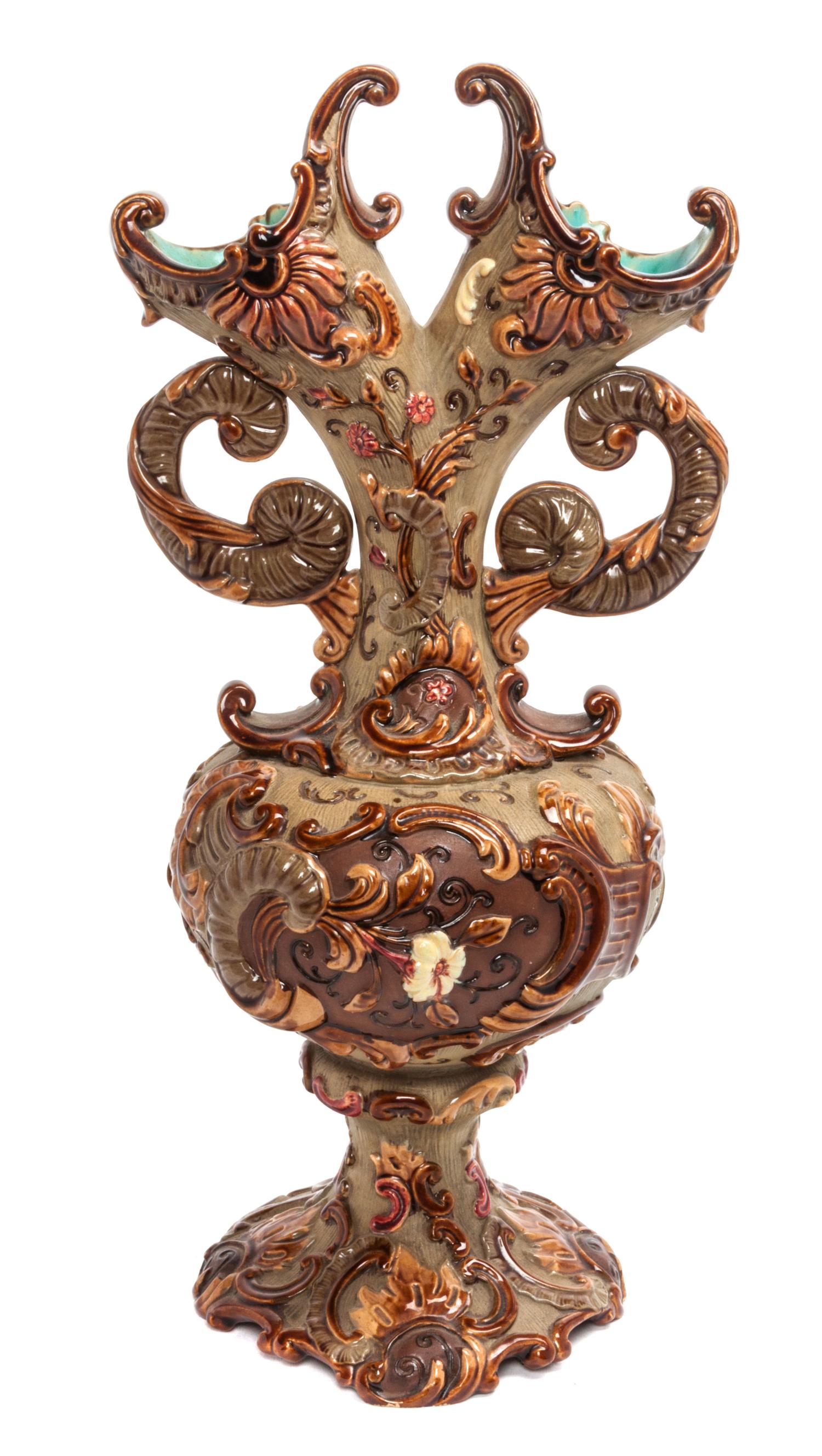 A Victorian Majolica Vase, William Schiller & Sons Height 13 1/2 inches.