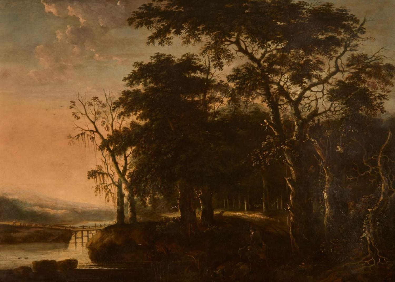 Circle of Adriaen Hendriksz Verboom (c. 1627/28-1673) - A Wooded River Landscape with a Herdsman on a Donkey and a Flock of Goats on a Track