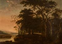 Circle of Adriaen Hendriksz Verboom (c. 1627/28-1673) - A Wooded River Landscape with a Herdsman on a Donkey and a Flock of Goats on a Track