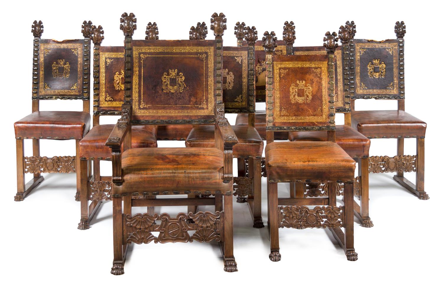 A Set of Nine Italian Tooled Leather and Mahogany Chairs Height of each 53 inches. — LIKELY EARLY 19TH CENTURY