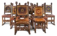 A Set of Nine Italian Tooled Leather and Mahogany Chairs Height of each 53 inches. — LIKELY EARLY 19TH CENTURY