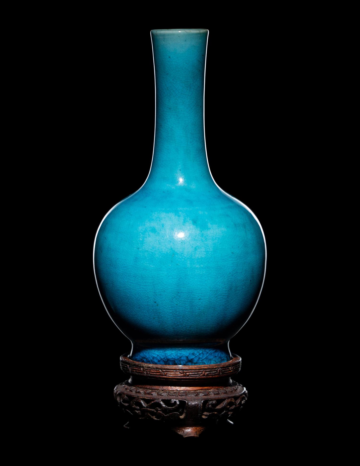 A Pair of Chinese Turquoise Glazed Porcelain Bottle Vases