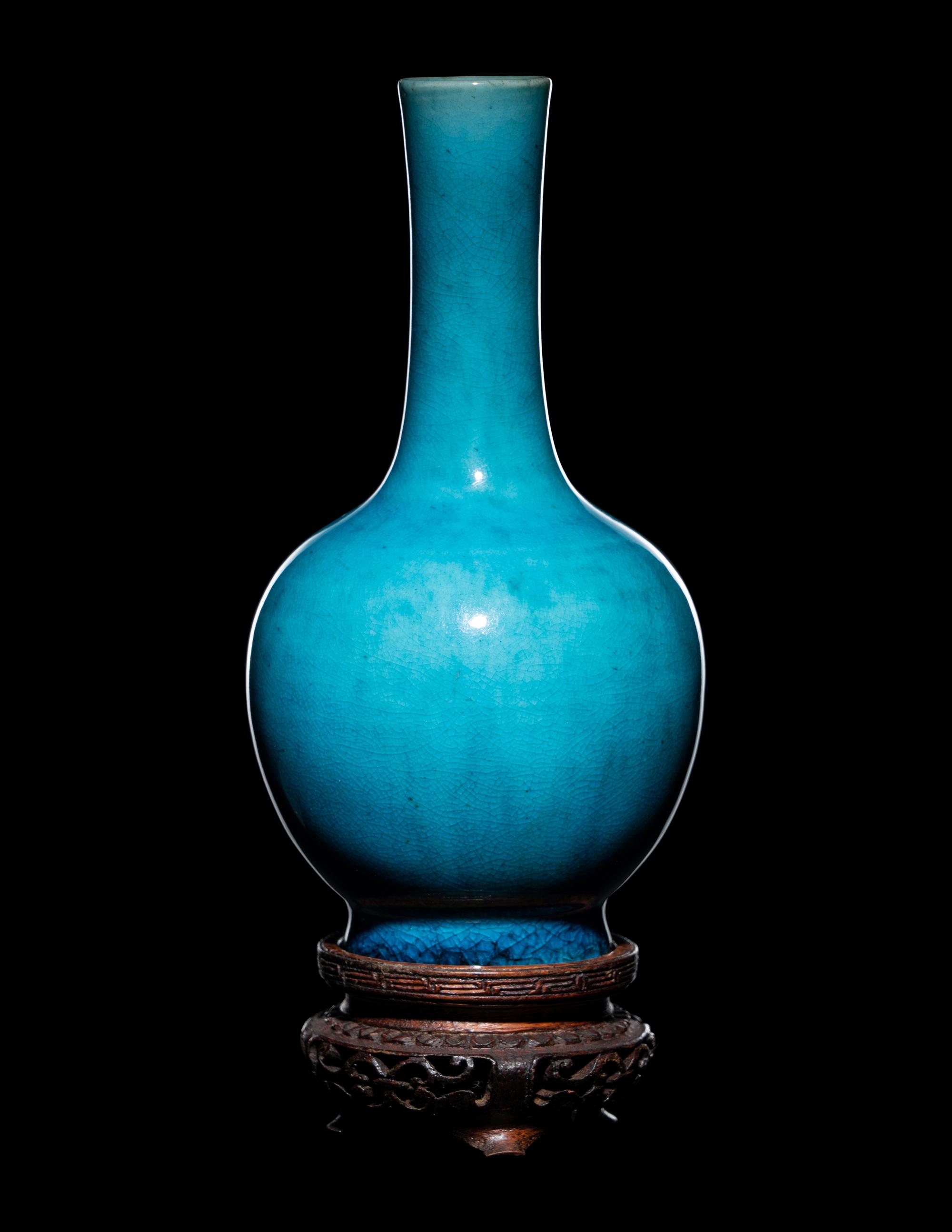 A Pair of Chinese Turquoise Glazed Porcelain Bottle Vases