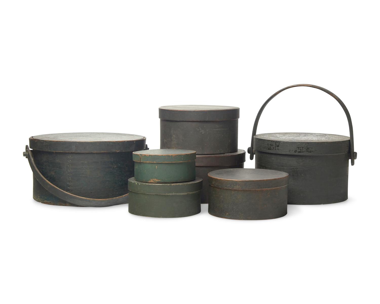 Seven Green-Painted Round Pantry Boxes