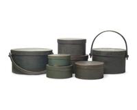 Seven Green-Painted Round Pantry Boxes