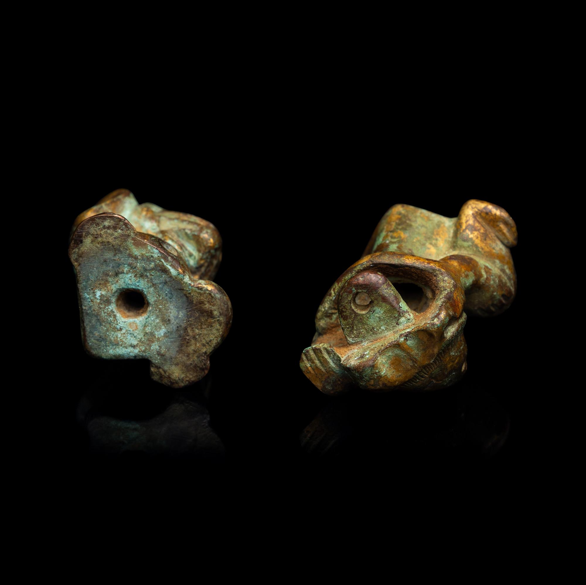 A Pair of Small Chinese Gilt Bronze Bear-Form Supports, Han Dynasty 漢 銅鎏金熊形器足兩件