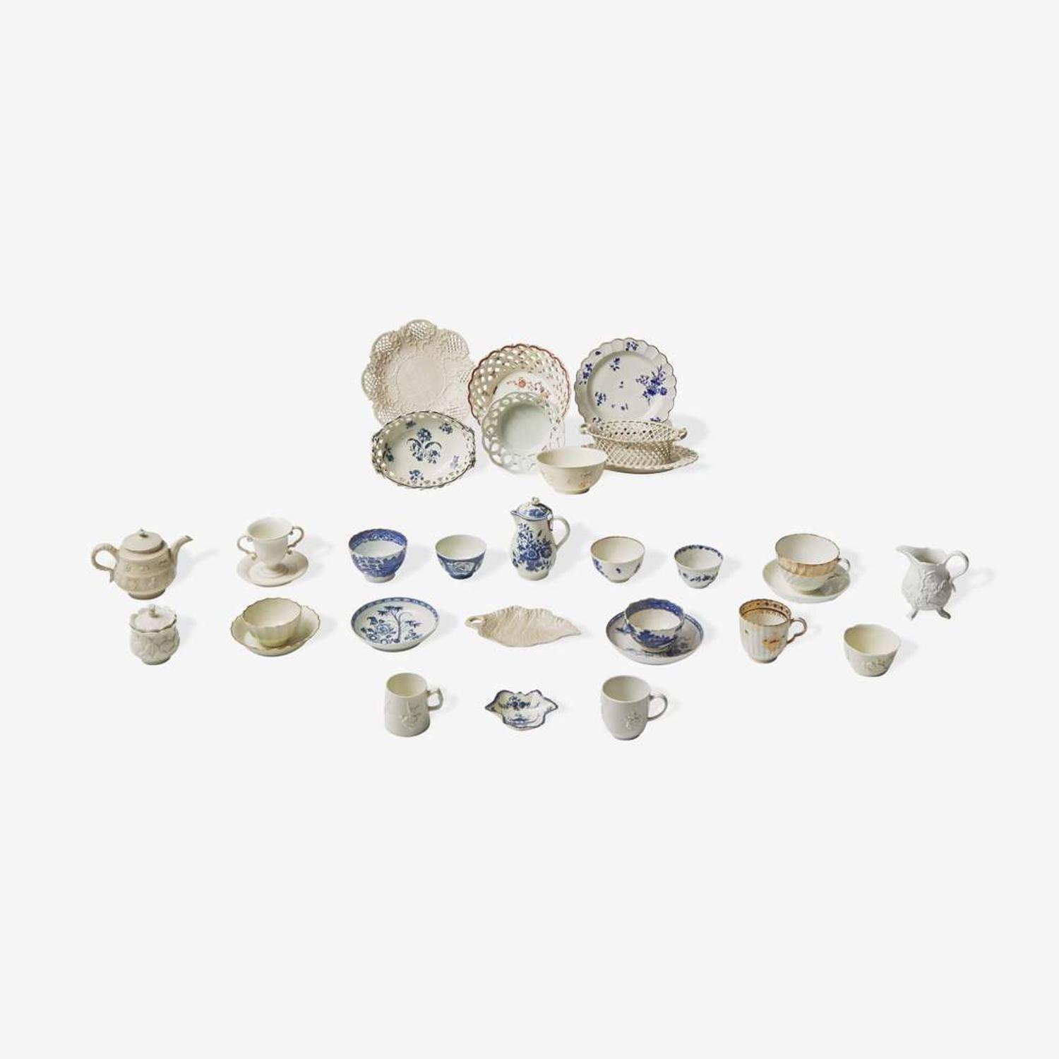 An assorted group of twenty-eight English soft paste porcelain and salt-glazed stoneware tablewares Various makers, 18th century