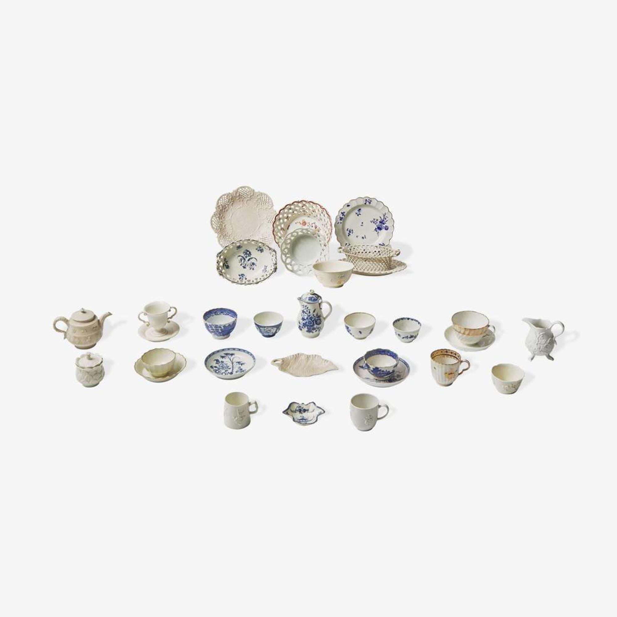 An assorted group of twenty-eight English soft paste porcelain and salt-glazed stoneware tablewares Various makers, 18th century