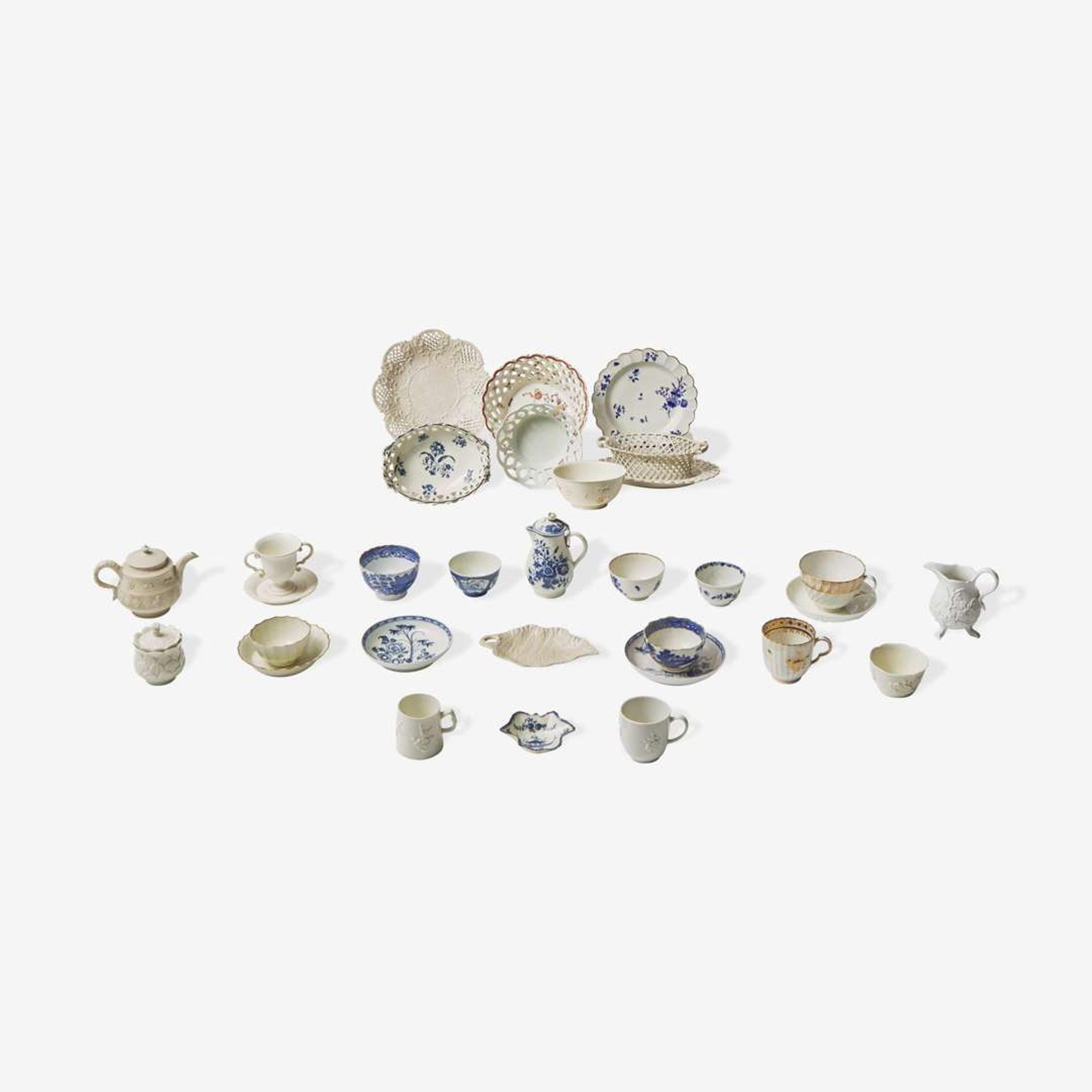 An assorted group of twenty-eight English soft paste porcelain and salt-glazed stoneware tablewares Various makers, 18th century