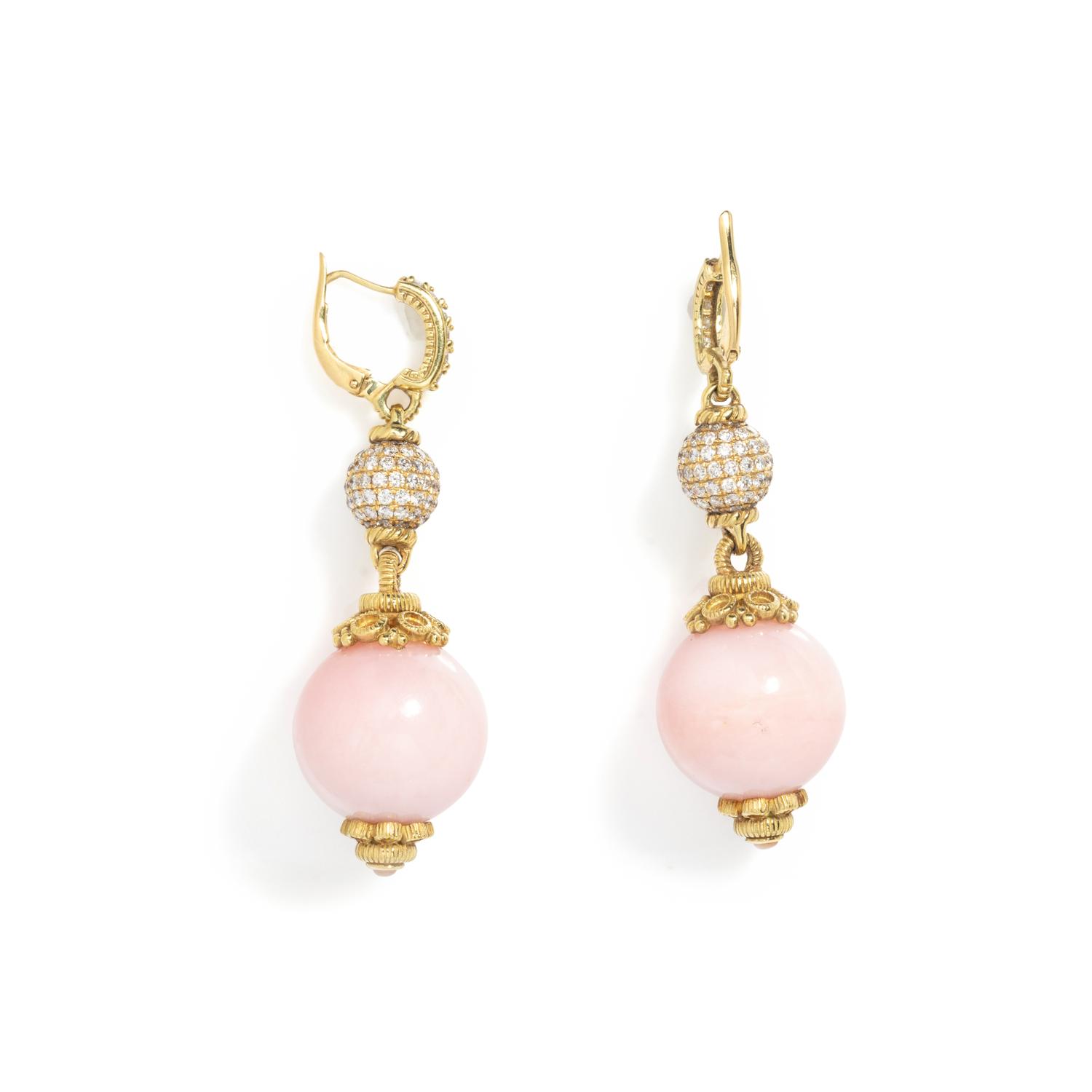 YELLOW GOLD, DIAMOND AND PINK OPAL EARRINGS