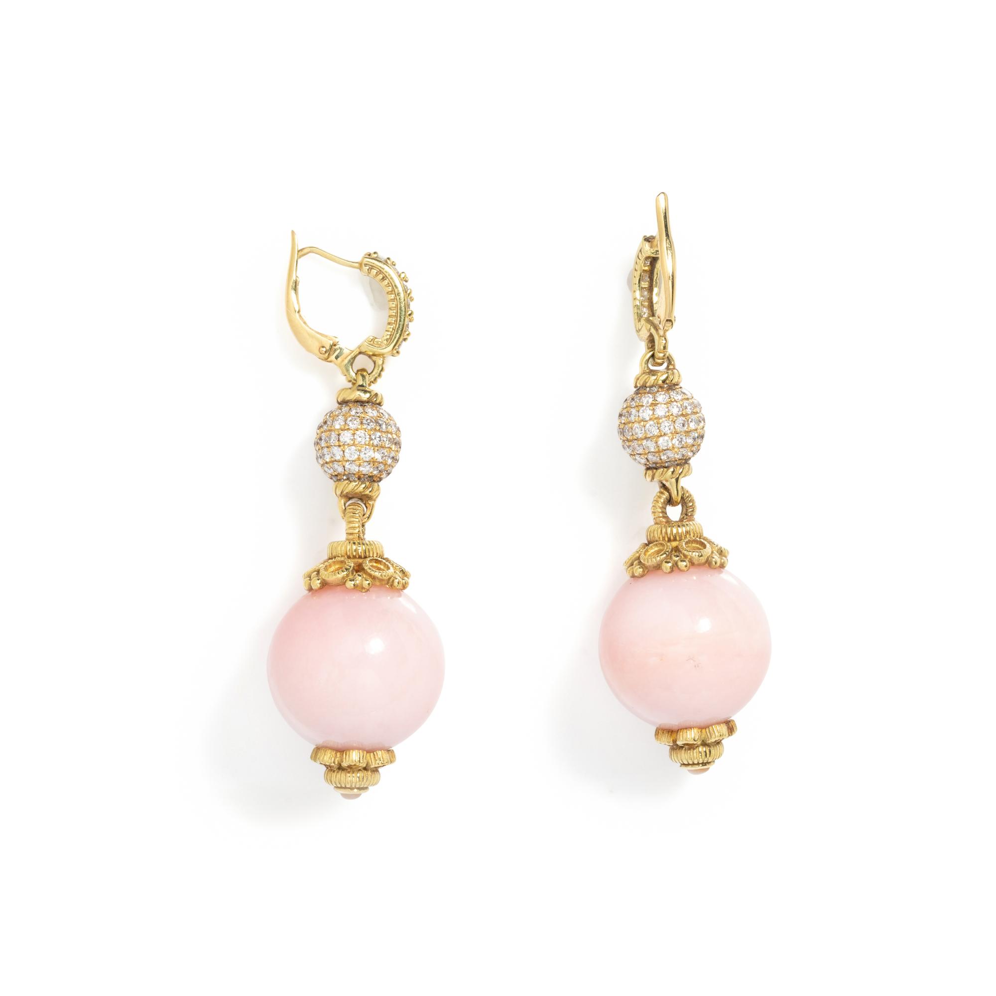 YELLOW GOLD, DIAMOND AND PINK OPAL EARRINGS