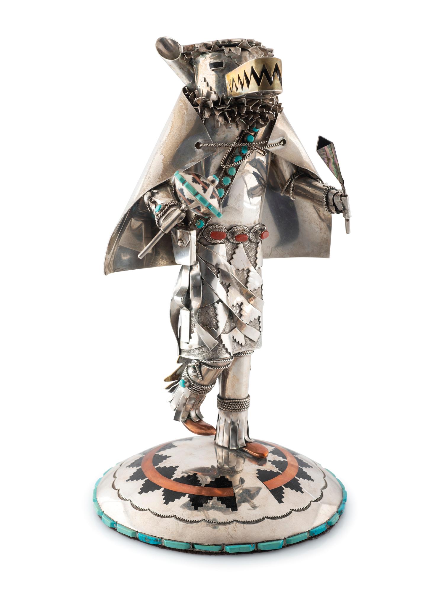 Navajo Silver Katsina, with Turquoise, Coral, Brass, and Copper Accents