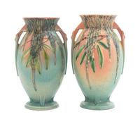 A Pair of Roseville Moss Pottery Vases Height 10 1/4 inches.