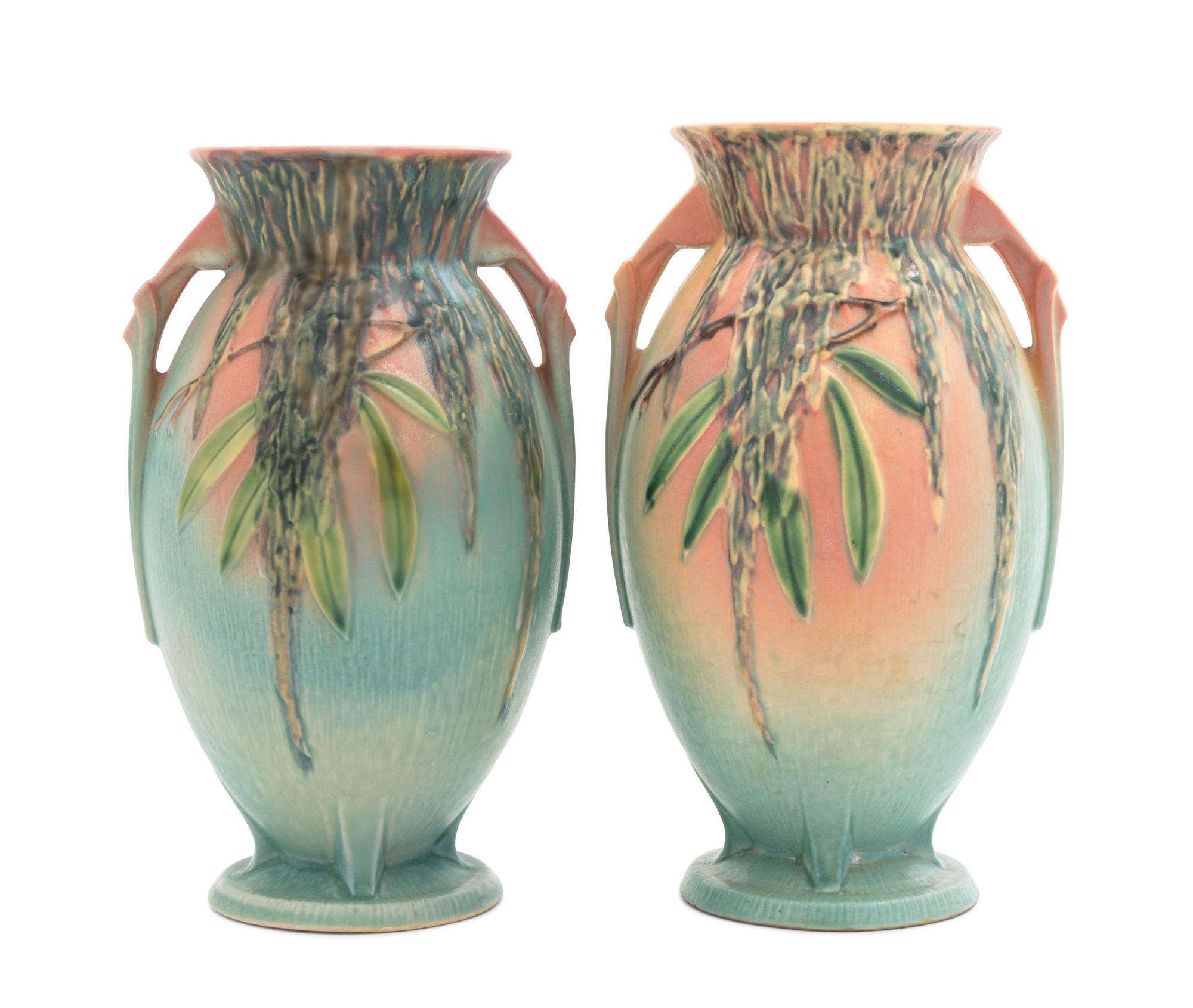 A Pair of Roseville Moss Pottery Vases Height 10 1/4 inches.