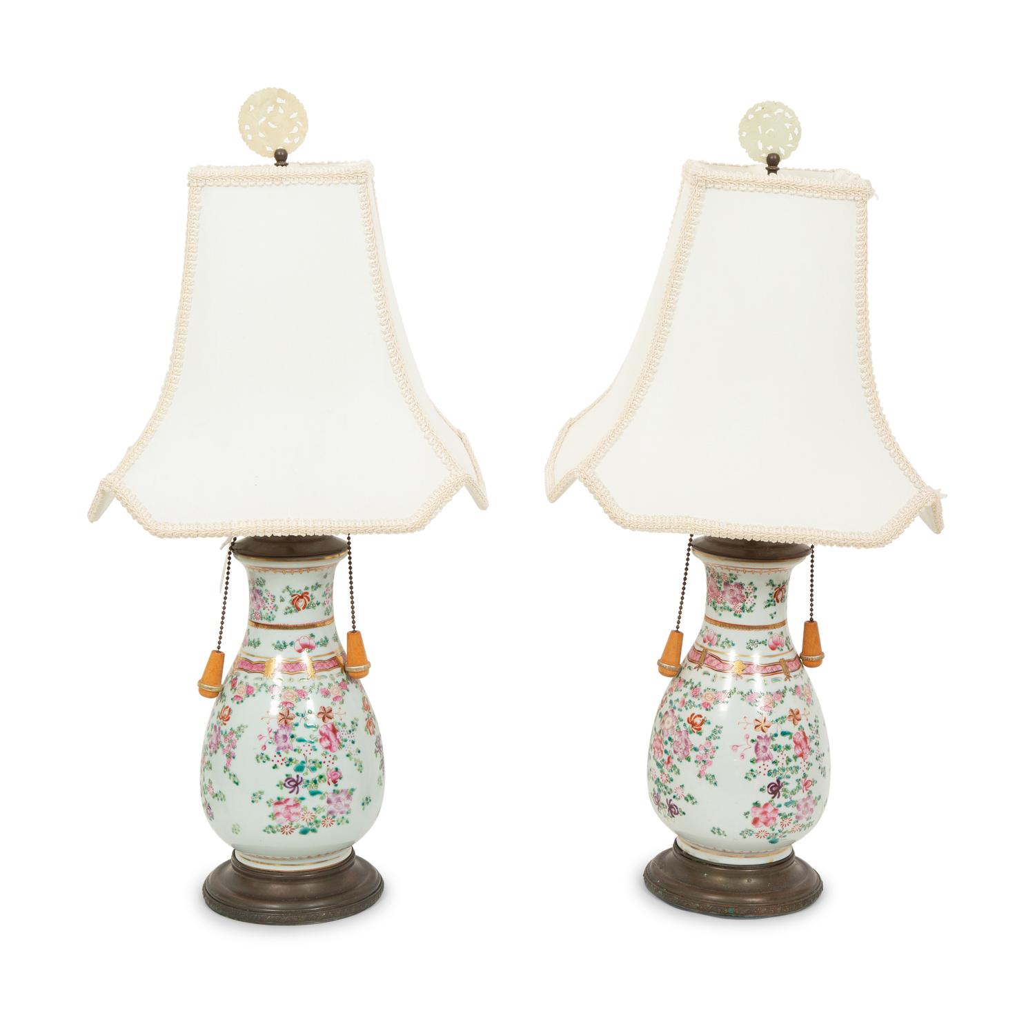 A Pair of Chinese Porcelain Baluster Vases Mounted as Lamps with Jadeite Finials