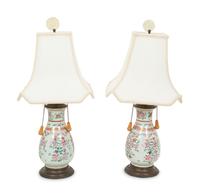 A Pair of Chinese Porcelain Baluster Vases Mounted as Lamps with Jadeite Finials