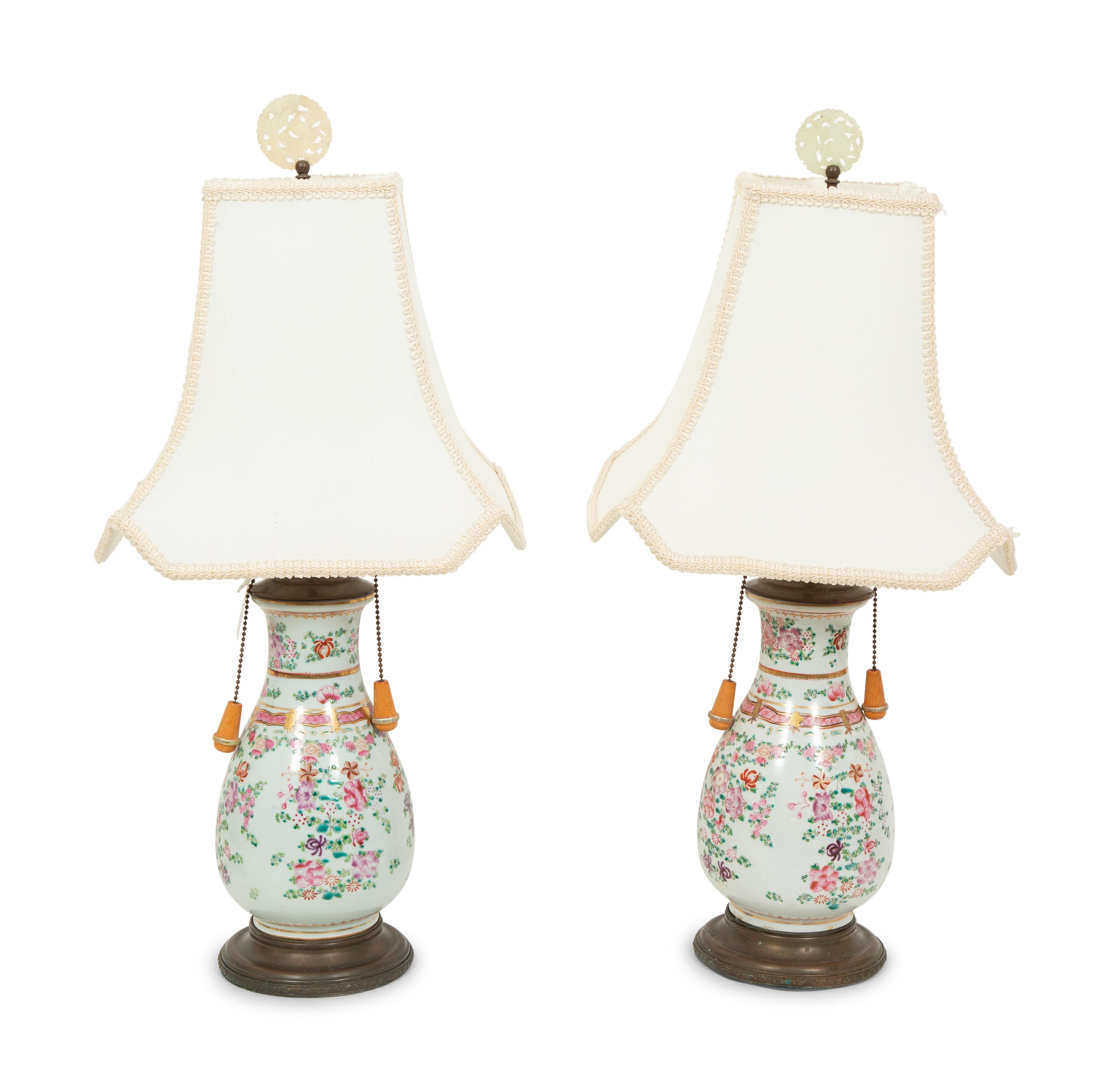 A Pair of Chinese Porcelain Baluster Vases Mounted as Lamps with Jadeite Finials